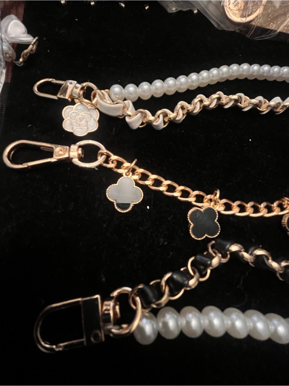 Pearl and Gold-Tone Chain Strap with Clover Charms for Purses/Bags